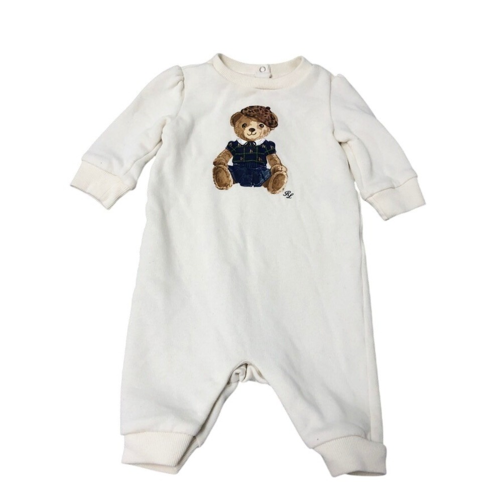 Ralph Lauren Romper Babies 3M Infant Cream Polo Bear Fleece Snap Comfort